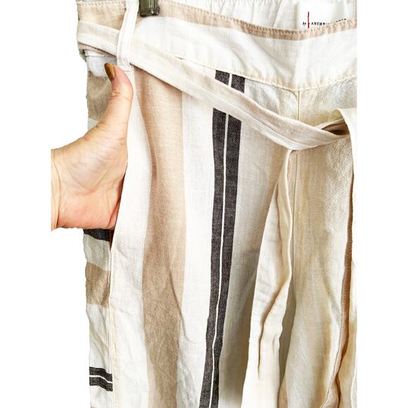 By Anthropologie Colette Pants Tan Striped Belted Elastic Waist Wide Leg Size S - Picture 5 of 8